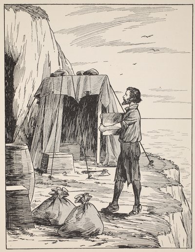 Robinson Crusoe construindo seu abrigo, ilustração de A história de Robinson Crusoé: Uma adaptação para crianças seguindo a linguagem Defoes, pub. por Griffith Farran Browne & Co. Limited, Londres de English School