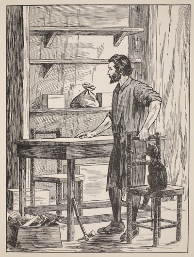 Robinson Crusoe construindo mesa e cadeiras para sua caverna, ilustração da história de Robinson Crusoé: Uma adaptação para crianças seguindo a linguagem Defoes, pub. de Griffith Farran Browne & Co. Limite de English School