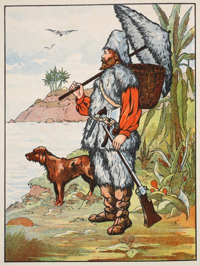 Robinson Crusoe, ilustração da história de Robinson Crusoé: Uma adaptação para crianças seguindo a linguagem Defoes, pub. por Griffith Farran Browne & Co. Limited, Londres de English School
