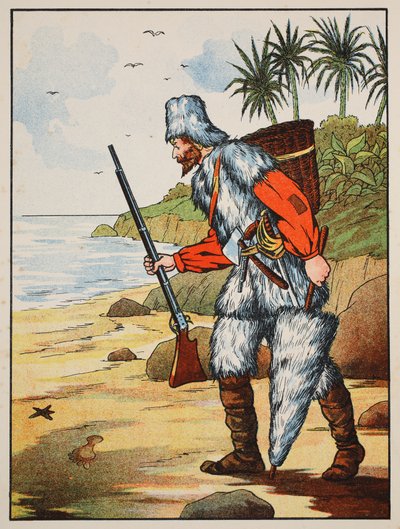 Robinson Crusoe, ilustração da história de Robinson Crusoé: Uma adaptação para crianças seguindo a linguagem Defoes, pub. por Griffith Farran Browne & Co. Limited, Londres de English School