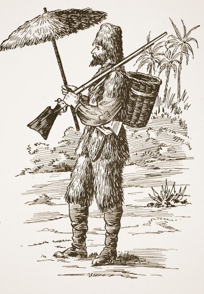 Robinson Crusoe, ilustração da história de Robinson Crusoé: Uma adaptação para crianças seguindo a linguagem Defoes, pub. por Griffith Farran Browne & Co. Limited, Londres de English School