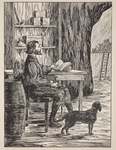 Robinson Crusoe em sua caverna, ilustração da história de Robinson Crusoé: Uma adaptação para crianças seguindo a linguagem Defoes, pub. por Griffith Farran Browne & Co. Limited, Londres de English School