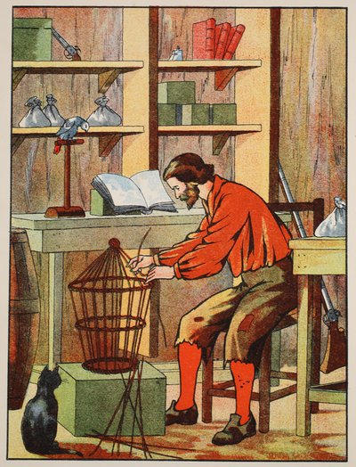 Robinson Crusoe fazendo uma gaiola para seu papagaio, ilustração da história de Robinson Crusoé: Uma adaptação para crianças seguindo a linguagem Defoes, pub. por Griffith Farran Browne & Co. Limited, Londres de English School