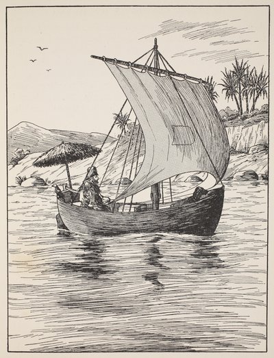 Robinson Crusoe em seu barco, ilustração da história de Robinson Crusoé: Uma adaptação para crianças seguindo a linguagem Defoes, pub. por Griffith Farran Browne & Co. Limited, Londres de English School
