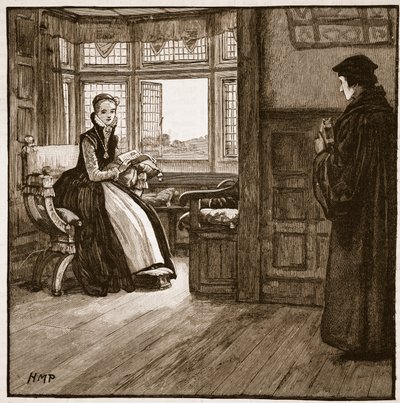 Roger Aschams visita a Lady Jane Gray, ilustração da História Ilustrada de Cassells da Inglaterra (foto sépia) de English School