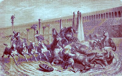 Jogos públicos romanos sob o império - a corrida de carros no circo, ilustração de A História Ilustrada do Mundo, publicada em 1880 (imagem digitalmente aprimorada) de English School