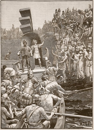 Soldados romanos deixando a Grã-Bretanha, ilustração da história ilustrada de Cassells da Inglaterra (foto sépia) de English School