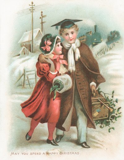 Casal romântico e trem a vapor, cartão de Natal de English School