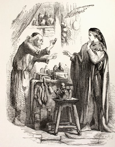 Romeu compra veneno do boticário, ilustração de Romeu e Julieta, de "A Biblioteca Ilustrada de Shakespeare", publicada em Londres em 1890 (litografia). de English School