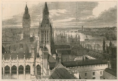 Telhados das casas do Parlamento como visto da torre de Victoria de English School