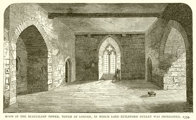 Sala na Torre de Beauchamp, Torre de Londres, na qual Lord Guildford Dudley foi aprisionado, 1554 de English School
