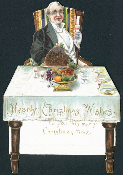Homem de Rotund na mesa, cartão de Natal de English School