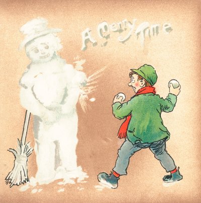 Bolas de neve jogando do menino áspero no boneco de neve, cartão de Natal de English School