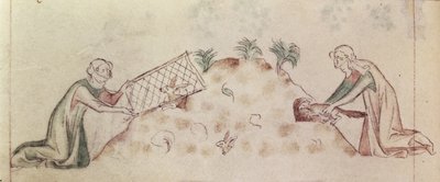 Roy 2 B VII f.155v Mulheres que apanham um coelho com uma rede e um furão, da 