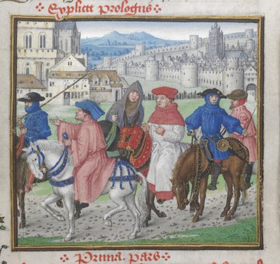 Royal 18 D. II, f.148 Fim do Prólogo. John Lydgate e os peregrinos de Canterbury que deixam Canterbury, ilustração de 
