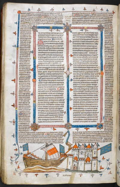 Royal MS 10 IV f.208v Ataque Naval e Decoração Marginal, ilustração de 