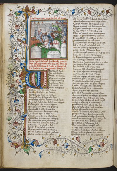 Royal MS 18 D II, f.66v, Miniatura de Heitor matando Pátroclo, com uma inicial iluminada 