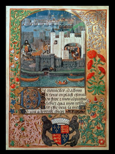 Royal Ms 16 F II, f.73: Torre de Londres e navegação, com Carlos, Duque de Orleães sentado na Torre, de Poemas de Carlos Duque de Orleães, c.1500 (vellum) de English School