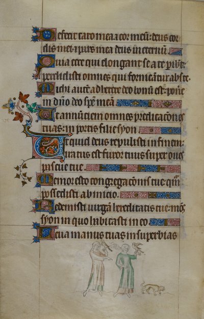 Royal ms 2_B VII f.177v Cena bas-de-página de duas mulheres portadoras de falcões, e um pequeno cão à sua frente, com uma inicial habitada, ilustração da 