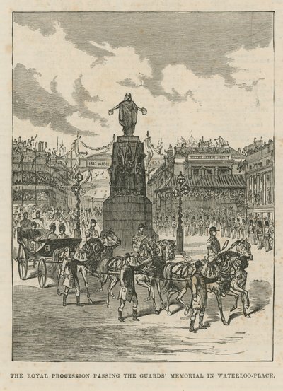 Royal procissão passando o Memorial de guardas em Waterloo Place de English School