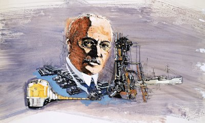 Rudolf Diesel contra o fundo de trens, barcos e docas de English School