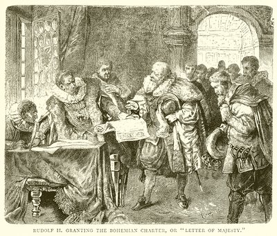Rudolf II concedendo a Carta Boêmia ou Carta de Majestade de English School