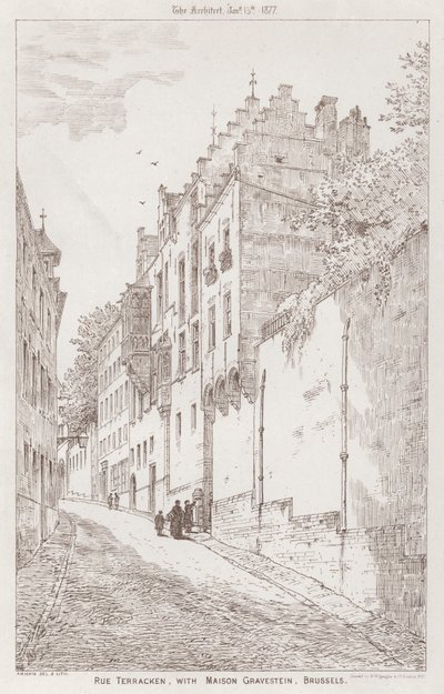 Rue Terracken, com Maison Gravestein, Bruxelas (gravura) de English School
