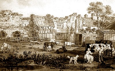 Casa senhorial arruinada com vacas em ordenha, c.1800 (recinto e tinta sépia sobre papel) de English School
