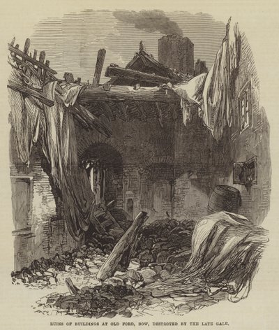 Ruínas de Edifícios no Old Ford, Arco, destruídos pelo falecido Gale (gravura) de English School