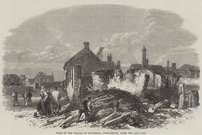 Ruínas da Vila de Billinghay, Lincolnshire, após o falecido incêndio (gravura) de English School