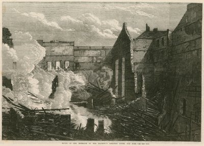 Ruínas do interior de seu teatro Majestys, Haymarket, Londres, após o incêndio de English School