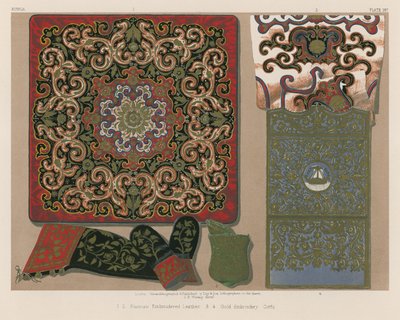 Couro bordado russo, bordado a ouro, Corfu (cromolitho) de English School