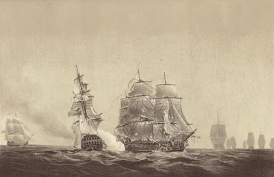 O navio russo Vsevolod a exibir as suas cores ao HMS Implacable, ligado à marinha sueca e comandado pelo capitão Thomas Byam Martin, no Báltico, 26 de agosto de 1808 (litografia) de English School