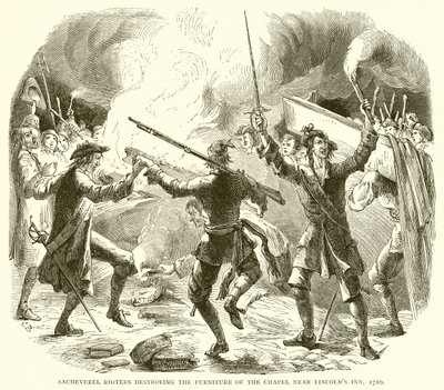 Sacheverel Rioters destruindo o mobiliário da capela perto de Lincolns Inn, 1710 de English School