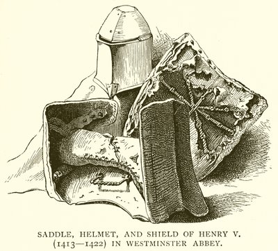Sela, capacete e escudo de Henrique V (1413--1422) na Abadia de Westminster de English School
