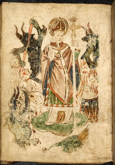 São Patrício, vestido de bispo, segurando um crucifixo e fazendo um gesto de bênção, está na ilha de Lough Derg, Donegal (Irlanda), cercado por demônios e almas atormentadas. Imagem tirada de ""Purgatory of Saint Patrick"", manuscrito em inglês, m de English School