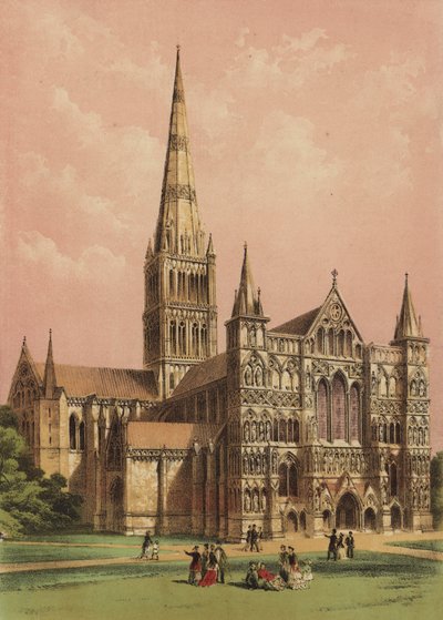 Catedral de Salisbury, Wiltshire (litografia a cores) de English School