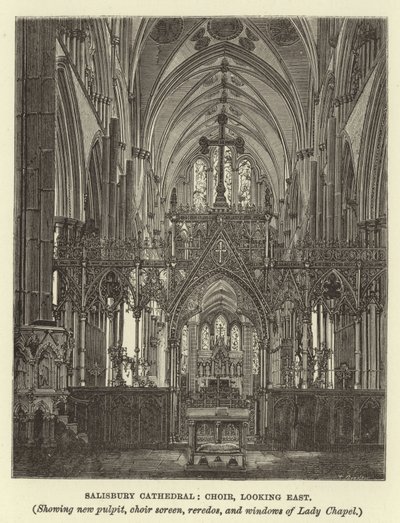 Catedral de Salisbury, coro, olhando para o leste, mostrando novo púlpito, tela de coro, retábulos e janelas de Lady Chapel de English School