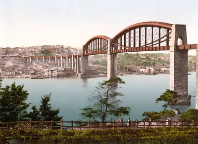Saltash Bridge, Plymouth (foto colorida à mão) de English School
