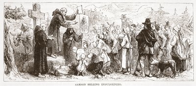 Sansão vendendo indulgências, ilustração da história do protestantismo por James Aitken Wylie (1808-1890), bar. 1878 de English School