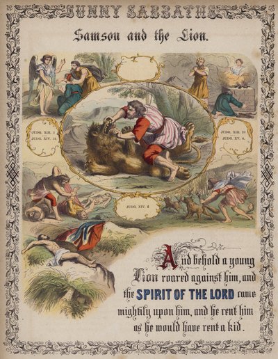 Sansão e o leão (gravura colorida) de English School