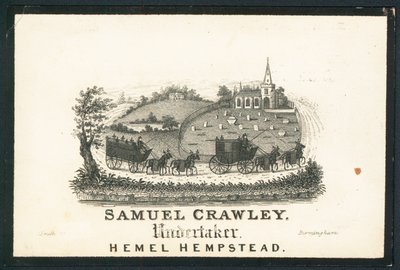 Samuel Crawley, agente funerário, cartão comercial de English School