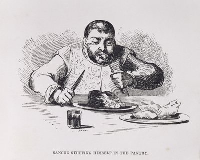 Sancho Recheando-se na Pantry, Act III, cena XI de Don Quixote na Inglaterra. Uma comédia, gravada pela Sears, pub. 1733 de English School