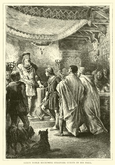 Saxon Noble recebendo convidados estranhos em seu salão de English School