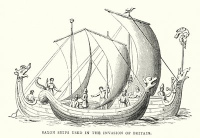 Navios saxões utilizados na invasão da Grã-Bretanha (gravura colorida) de English School