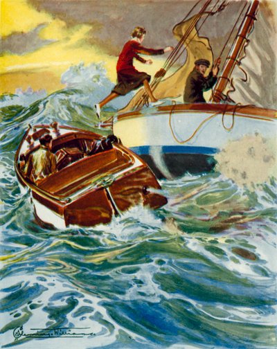 Cena de Four Valves and Sheila: uma mulher a saltar de um barco a motor para um iate em mar agitado (litografia a cores) de English School
