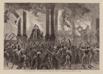 Cena de "Rienzi" na Ópera de Sua Majestade, O Combate dos Gladiadores e o Incêndio de Roma, Richard Wagner (gravura) de English School