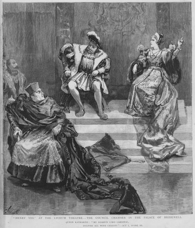 Cena de uma produção de Henrique VIII de Shakespeare no Lyceum Theatre, Londres (litho) de English School