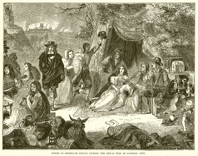 Cena em Highgate Fields durante o Grande Incêndio de Londres, 1666 de English School