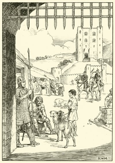 Cena em um pátio do castelo (tinta no papel) de English School